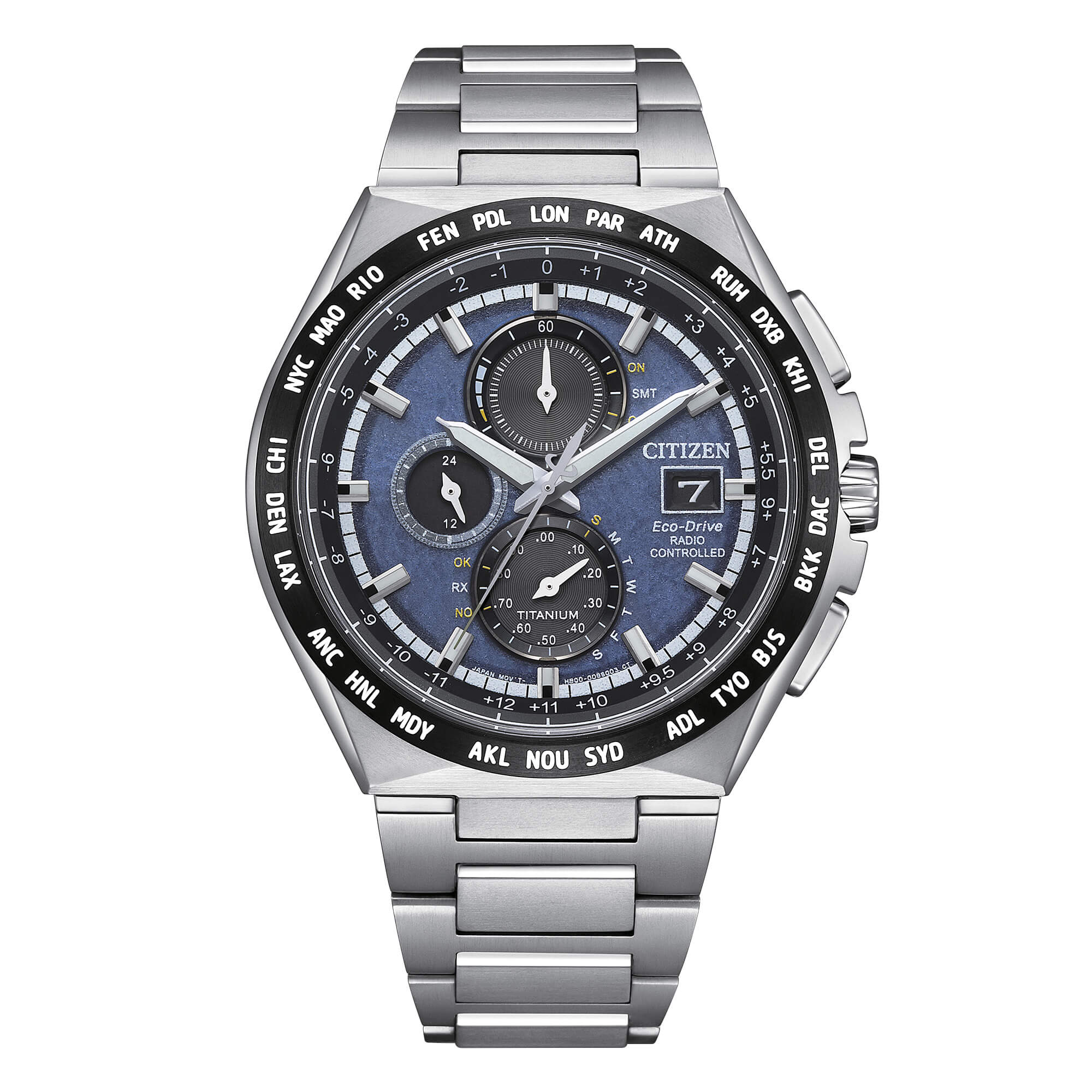Citizen Eco-Drive Titanio AT8238-84M, Orologio Uomo Radiocomandato Cronografo, Quadrante Blu